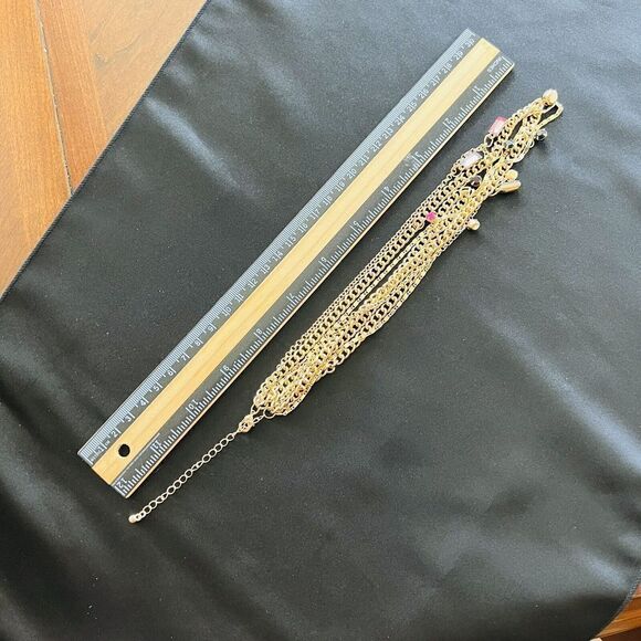 Multi Strand Layered Chains Crystal Gold Necklace Green Pink Purple Red 1365 - Picture 5 of 7